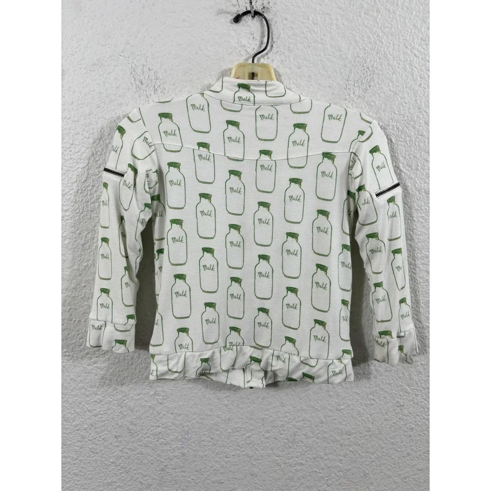 Quinn Jacket Girls 2T White Green Milk Bottle Print‎ Bamboo Zip Moto Sweatshirt